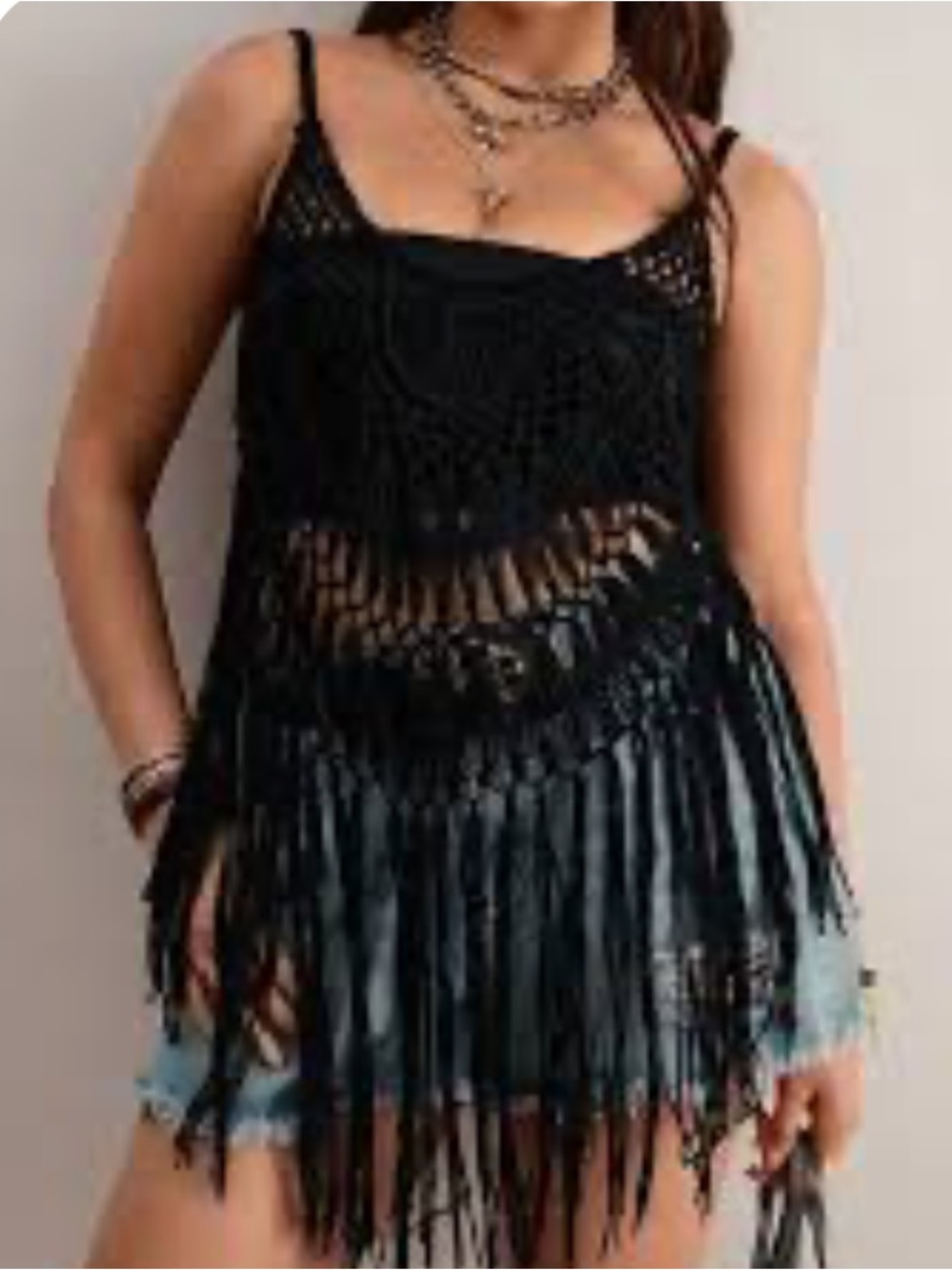 Handmade Black Crochet Fringe Tank Top - Women